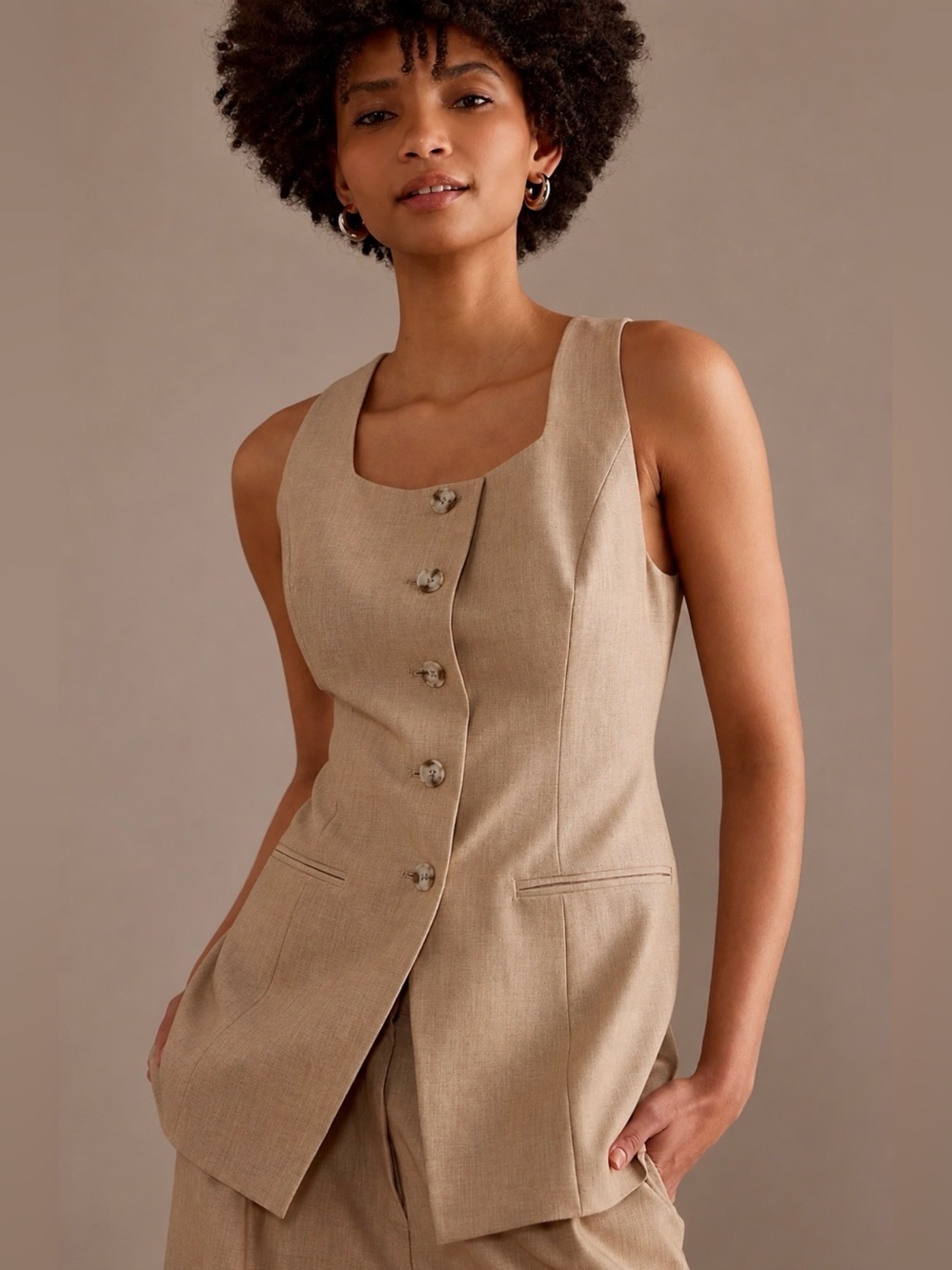 Anthropologie Aligne Monika Waistcoat Tailored Vest Beige 16 Quiet Luxury Office
